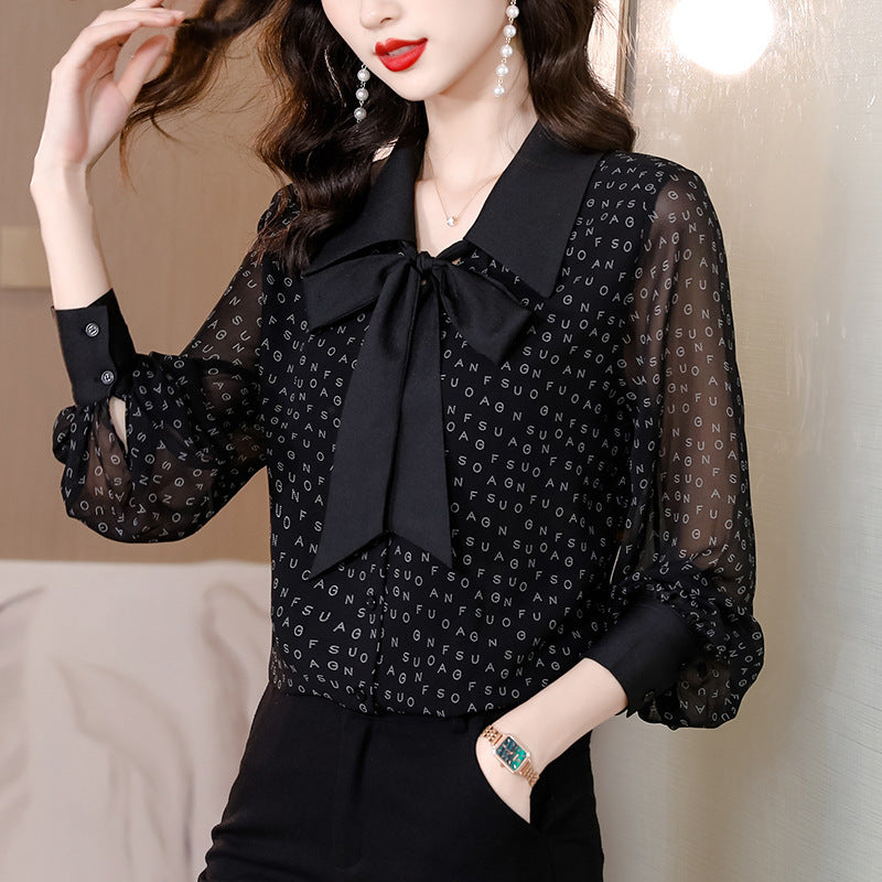 Bow Chiffon Shirt Letter Printed Loose Top