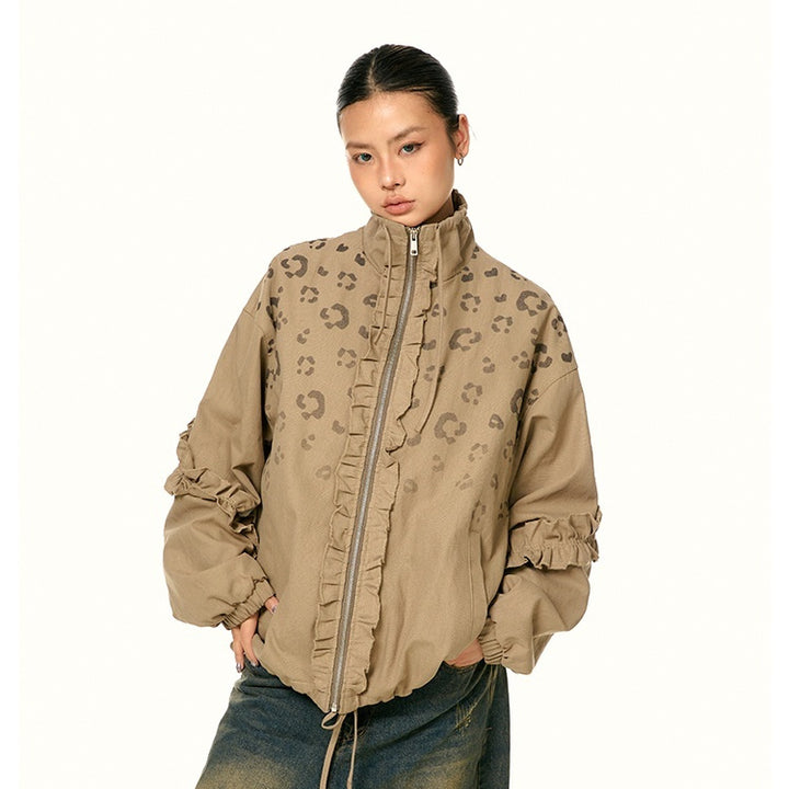 American Retro Stringy Selvedge Stand Collar Leopard Print Coat
