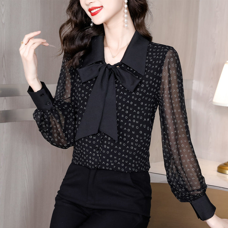 Bow Chiffon Shirt Letter Printed Loose Top
